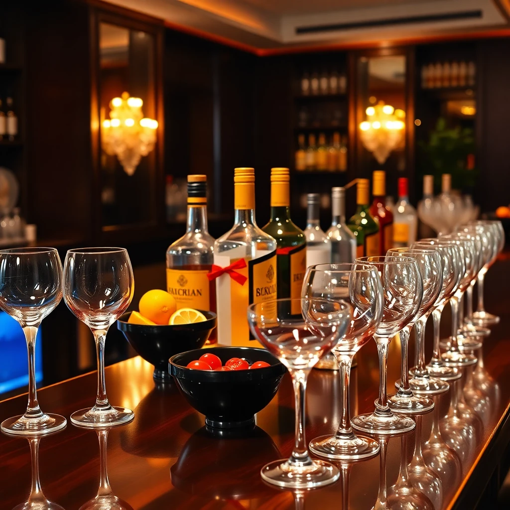 Estrutura de bar móvel pronta para uma festa, com coquetelaria completa.