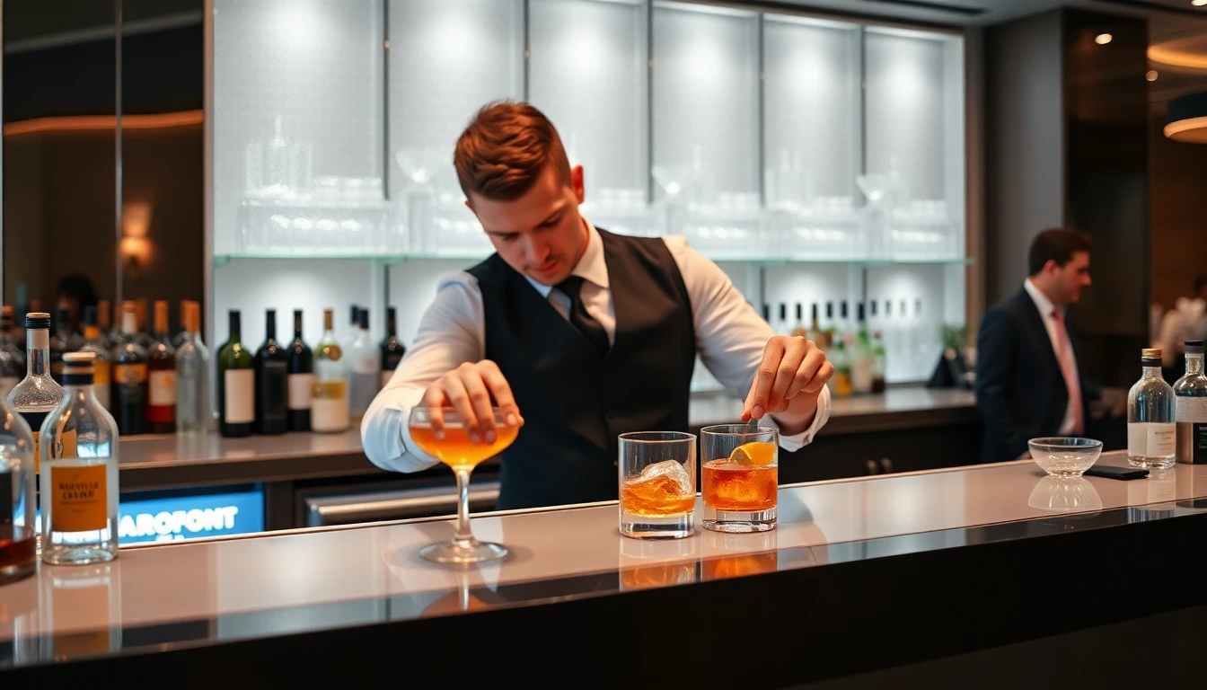 Bartender para eventos corporativos preparando um coquetel sofisticado.